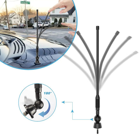 Waterproof All Weather Marine AM FM Antenna with flexible mast and mounting base for vehicles, cars, and outdoor platforms.