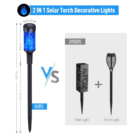 Comparison of 2-in-1 blue solar torch decorative light with others' path and torch lights.