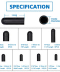 63 Piece Rubber Vacuum Hose End Cap Kit In Seven Sizes For Sealing Hoses And Fittings specification chart showing dimensions.