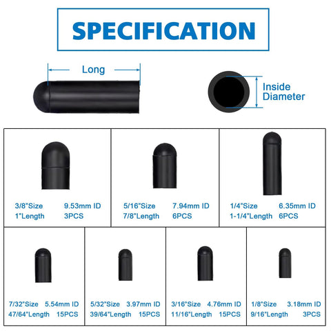 63 Piece Rubber Vacuum Hose End Cap Kit In Seven Sizes For Sealing Hoses And Fittings specification chart showing dimensions.