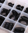Grommet And Seal Kit With 125 Pieces, Black Ring Rubber Grommets And Seals For Auto And Home Appliance Hoses Faucets And Wiring, DIY Friendly, Heat Resistant Ultra Elastic Pollution Free Plastic Box Included, assorted black rubber grommets in storage box