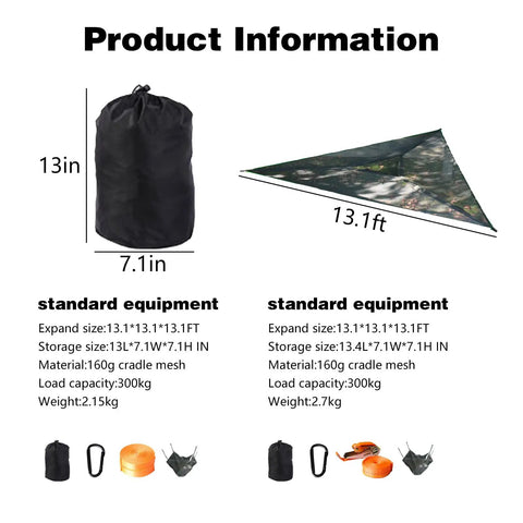 Triangle Camping Hammock Kit With 3 Ratchet Tie Down Straps And Storage Bag 800 Lb Capacity product info with dimensions and materials