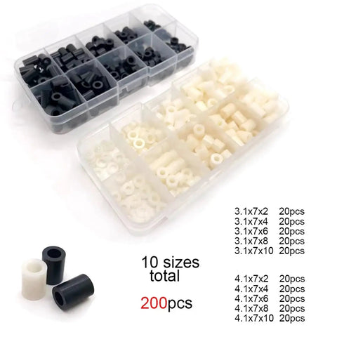 All In One Go To Hollow Spacer Kit For Jewelry Making And Electronics Assembly, 600 And 800 Pcs In M3 And M4, 10 Sizes, ABS Nylon Plastic Non Threaded Standoffs, White, 4 Sets, in labeled storage boxes
