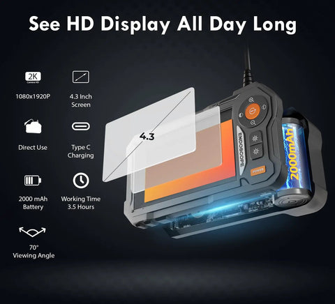 Endoscope Camera With Light And 4.3 Inch IPS Screen Semi-Rigid Borescope, highlighting HD display and 2000mAh battery