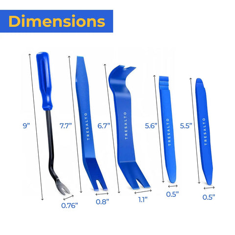 5 Piece Auto Trim Removal Tool Kit For Dash And Door Panels Non Scratch Nylon Pry Tools dimensions and sizes displayed