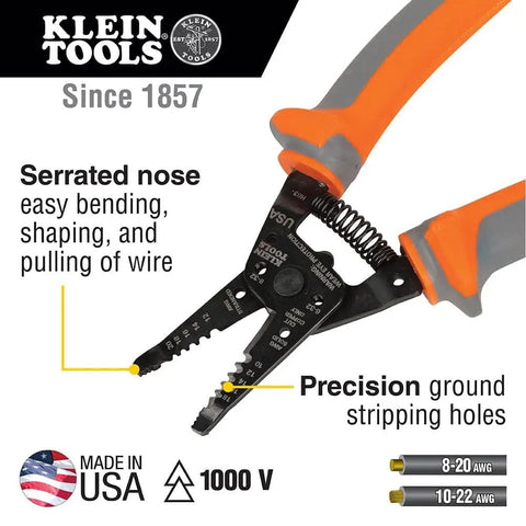 Insulated Kurve Wire Stripper Cutter 11055RINS 1000V Rated Tool with serrated nose and precision holes for 10-18 solid, 12-20 stranded wire.
