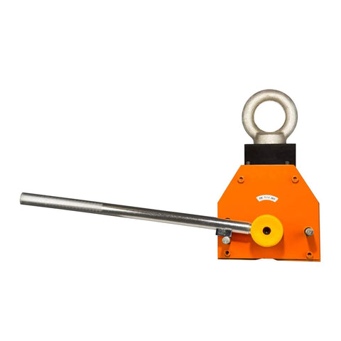 Heavy Duty Neodymium Magnetic Lifter For Round Steel Pipes And Flat Plates 10000 Lbs Crane Hoist V Groove Design with lever and orange housing.