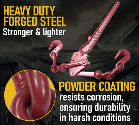 G70 Recoilless Safety Release Chain Binder Two Pack For Flatbed Haulers 5 16 Inch To 3 8 Inch Chain 5400 Lbs Working Load Limit Lever Style Heavy Duty Independent Center Cam Design For Whiplash Free Release showing red forged steel construction