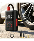 Cordless Tire Inflator Air Compressor For Land Rover Range Rover Electric Mla Flex Ev 2025 2026 With Digital Pressure Gauge And Led Light rechargeable tire pump with digital display and inflation nozzle.