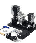60W Mini Metal Lathe Machine High Speed 12k Rpm Precision Turning Tool with accessories on a black base, ideal for woodworking.