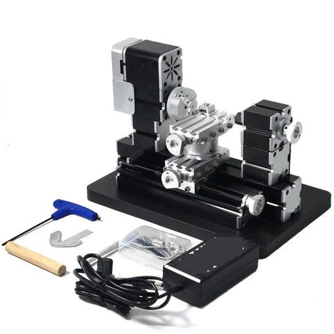 60W Mini Metal Lathe Machine High Speed 12k Rpm Precision Turning Tool with accessories on a black base, ideal for woodworking.
