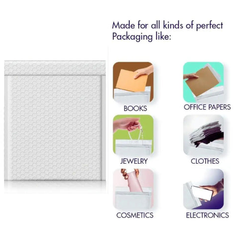 Illustration of a waterproof gray cushion mailer with examples of packaging uses: books, papers, jewelry, clothes, cosmetics, electronics.