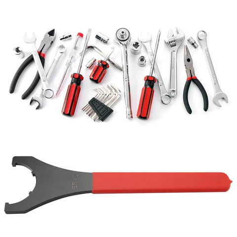 58mm ER40UM Collet Chuck Spanner Wrench For Lathe And CNC Milling Tools, red handle, shown among various other hand tools