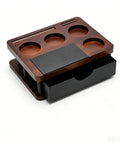Top Shelf Integrated Wood And Silicone Espresso Tamping Station With Multi Size Portafilter Dock for smooth coffee gear storage.