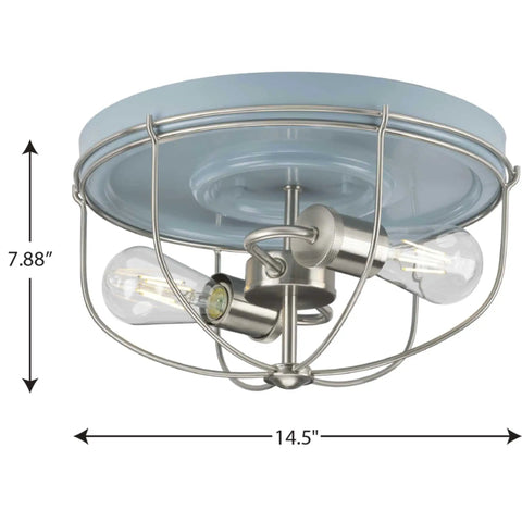 Two Light Flush Mount Ceiling Light From Medal Collection Coastal Blue Finish Transitional Industrial Style, 14.5" x 7.88"