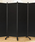 Six Foot Folding Privacy Screen With Lockable Wheels, 4-Panel Room Divider For Home, Dorm, Studio, And Office, Freestanding 88 Inch Wide Fabric Wall Partition In Black, showing full extended view.