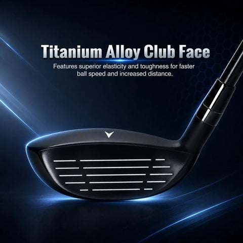 21 Degree Hybrid Golf Club For Maximum Forgiveness And A Big Sweet Spot, titanium alloy club face detail with grooves