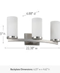 Three Light Slick Satin Nickel Bathroom Light Fixture With Frosted Glass Shades Dimmable Vanity Lighting showing dimensions.