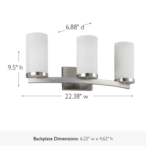 Three Light Slick Satin Nickel Bathroom Light Fixture With Frosted Glass Shades Dimmable Vanity Lighting showing dimensions.