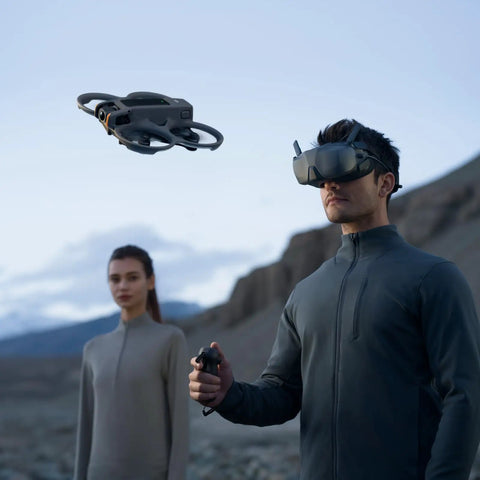 Person flying Avata 2 FPV Drone With 4K Camera, Immersive Goggles Experience, One Push Acrobatics in scenic landscape