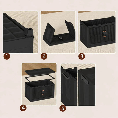 Heavy Duty Fold Flat Storage Bins With Slick Dual Front Door Access And Secure Lids Built Different Stackable Plastic Organizer Totes For Your Garage Office Pantry Or Home Gear Setup 4 Pack Black Nine Gallon Capacity Each, showcasing assembly steps.