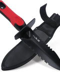 Heavy Duty Double Serrated Edge Digger With Sheath For Metal Detecting And Gardening A Tough As Nails Tool For Digging Weeding Planting And Treasure Hunting Built To Handle Real World Jobs, shown with red handle and sheath