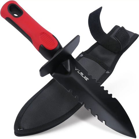 Heavy Duty Double Serrated Edge Digger With Sheath For Metal Detecting And Gardening A Tough As Nails Tool For Digging Weeding Planting And Treasure Hunting Built To Handle Real World Jobs, shown with red handle and sheath