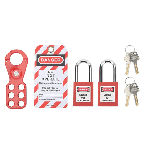 Lockout Tagout Kit With Non Conductive Padlock And 6 Hole Steel Hasp for industrial equipment maintenance work.