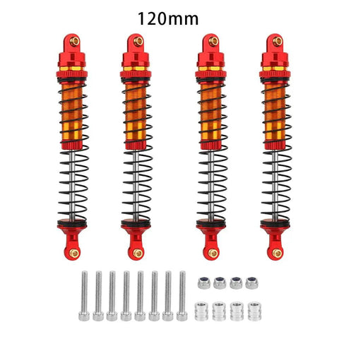 Beefy Metal 4 Piece RC Shock Absorber Set 120mm For 1 To 10 Scale RC Crawlers Like Axial SCX10 90046 AXI231017 And TRX4 Wraith D90 Upgrades With Copper Sleeve For Tight Fit And Smooth Damping, displayed with included screws and caps