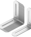 Ten Piece Brushed Stainless Steel L Brackets Showing Up In Three Inch Slotted Designs for Corner Reinforcement.