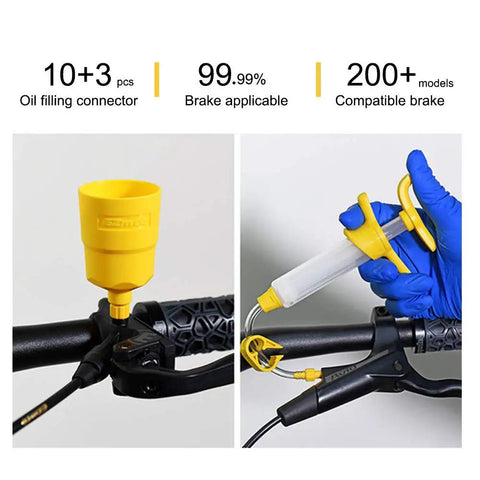 Hydraulic Bike Brake Bleed Kit for Shimano, SRAM and Magura Pro Grade MTB and Road Bike Bleeding Tool Set in use on bike handlebar