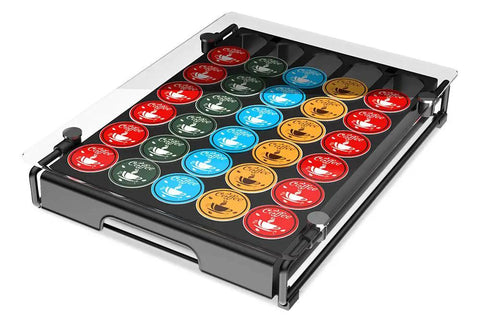 Glass Top Coffee Pod Drawer Organizer For K Cup Pods Holds 35 Pods With 5 Rows Of Slots And A Bonus 2 Pod Slot Slide Out Design