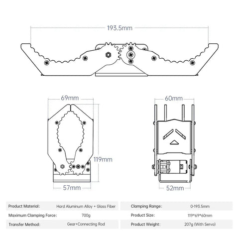 Diagram of Dope High Torque Servo Robot Arm Gripper with wave edge jaws, showing dimensions and material details.