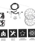 Heavy Duty CNC Machined Disc Brake Set For Mountain And Road Bikes Boasting Hollow Draining Design with levers, rotor, and installation hardware.