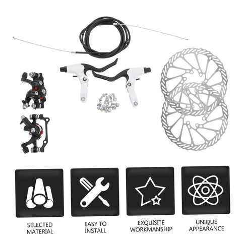 Heavy Duty CNC Machined Disc Brake Set For Mountain And Road Bikes Boasting Hollow Draining Design with levers, rotor, and installation hardware.