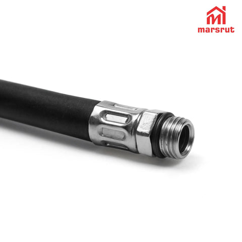 Close-up of No Sweat Quarter Inch Tire Inflator Extension Hose with metal fitting for durable car maintenance and gas station use.