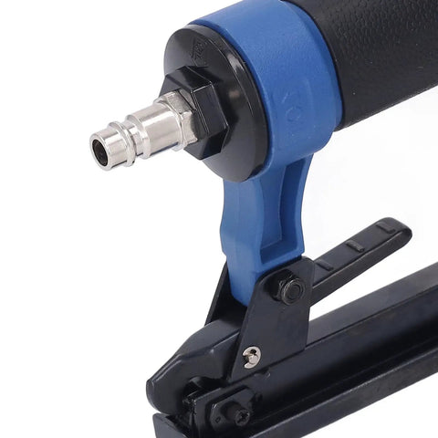 Close-up view of Heavy Duty Pneumatic Brad Nailer Featuring A Slick Rubber Grip And Rock Solid Aluminum Stainless Steel Build.