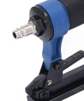 Lightweight Pneumatic Brad Nailer 22 Gauge Air Nail Gun Featuring Durable Aluminum Body And Soft Touch Grip detail of trigger and air connector.