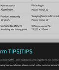 Product specifications for the dual monitor stand in aluminum: pitch angle, warranty, and VESA measurements.