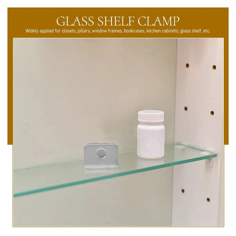 Heavy Duty Glass Shelf Clips Set For Shower Doors Mirrors Closets And Floating Shelves displayed on glass shelf
