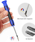 Magnetic Torx Screwdriver Set 12Pcs Pro Grade With T3 T4 T5 T6 T7 T8 T10 And TR8 TR10 Security Bits Includes Stainless Steel Tweezers And Phillips Slotted Drivers For Phone Mac Camera And Computer Repair held in hand with magnetic tip and S2 material detail.