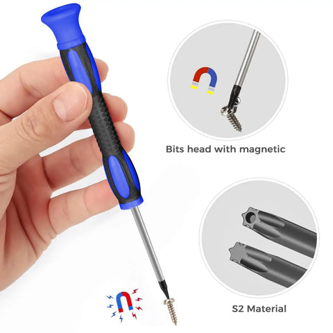 Magnetic Torx Screwdriver Set 12Pcs Pro Grade With T3 T4 T5 T6 T7 T8 T10 And TR8 TR10 Security Bits Includes Stainless Steel Tweezers And Phillips Slotted Drivers For Phone Mac Camera And Computer Repair held in hand with magnetic tip and S2 material detail.