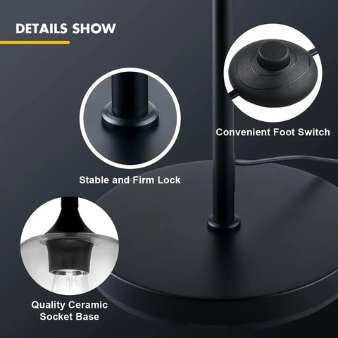 Industrial Black Floor Lamp For Living Room And Bedroom With Champagne Glass Shade Tall Farmhouse Style Standing Lamp With E26 Bulb Included Pedal Foot Switch And Five Point Nine Foot Cord details with foot switch and stable base
