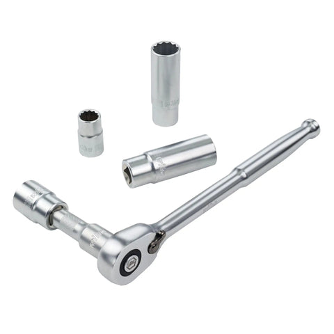 Half Inch Drive Socket Tray Set, 29 Piece Standard And Deep Metric Sockets, 72-Tooth Ratchet, various socket sizes displayed