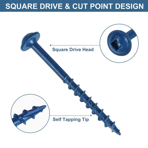 Pocket Hole Screws Assortment Kit With 390 Pieces In Four Sizes 1 Inch 1 And A Quarter Inch 2 Inch 2 And A Half Inch Coarse Thread Square Drive Blue Coated Rust Resistant Self Tapping Drive Bit Included For Outdoor Projects close-up of screw with square drive head and self-tapping tip.