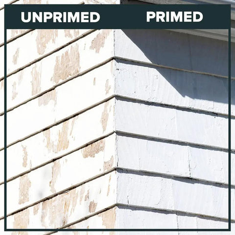 Side-by-side comparison of unprimed vs. primed wood siding using High Build Peel Bonding Primer For Durable Seal, DIY Friendly Flexible Coat