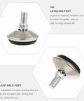 Heavy Duty Adjustable Swivel Leveling Feet For Furniture With Thick Anti Scratch Bumpers And Rock Solid Grip No Hassle Setup Table Leg Stabilizers For Living Space, silver metal with rubber cap.