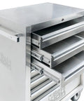 Rock Solid Stainless Steel Mobile Roller Cabinet With Seven Drawers Shop Tool Storage Workbench showing open drawers and stainless steel finish.