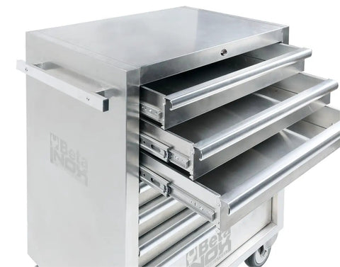 Rock Solid Stainless Steel Mobile Roller Cabinet With Seven Drawers Shop Tool Storage Workbench showing open drawers and stainless steel finish.