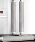 Gray textured plush refrigerator door handle covers 3 piece set shown on fridge and oven handles, catching drips and dust.